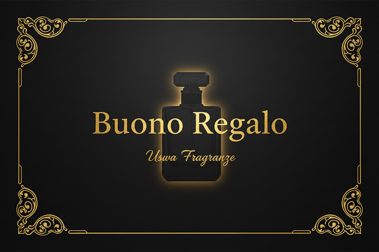 Buono Regalo Uswa Fragranze – luxury gift card su sfondo scuro con dettagli oro