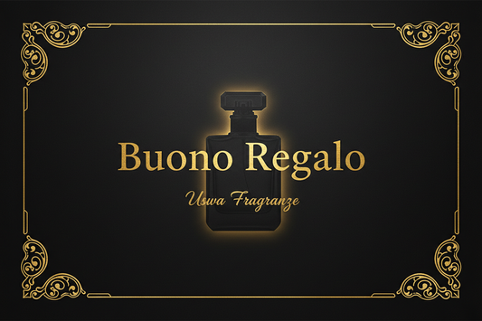 Buono Regalo Uswa Fragranze – luxury gift card su sfondo scuro con dettagli oro